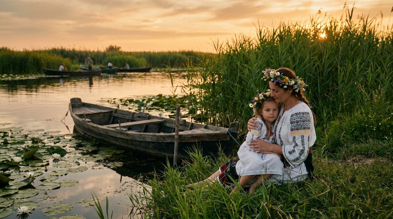 Mamă și fiică în costume tradiționale românești cu coronițe de flori, lângă apa Deltei Dunării la apus — Asociația Nuferi pentru Comunitate, Ceatalchioi