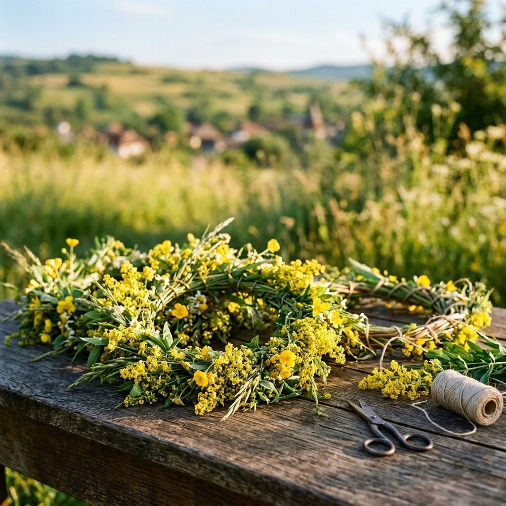 Coronițe de Sânziene împletite din flori galbene — atelier de tradiție organizat la Istru, jud. Tulcea