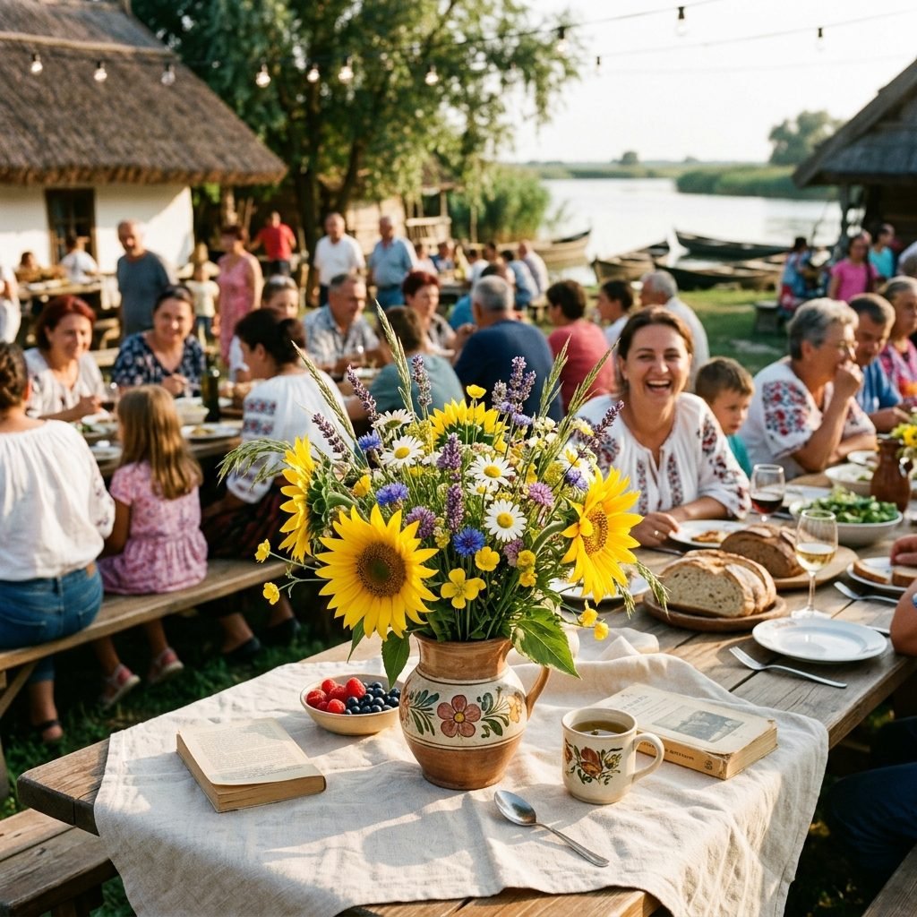 Buchet de floarea-soarelui și flori de câmp la o întâlnire a comunității din Delta Dunării